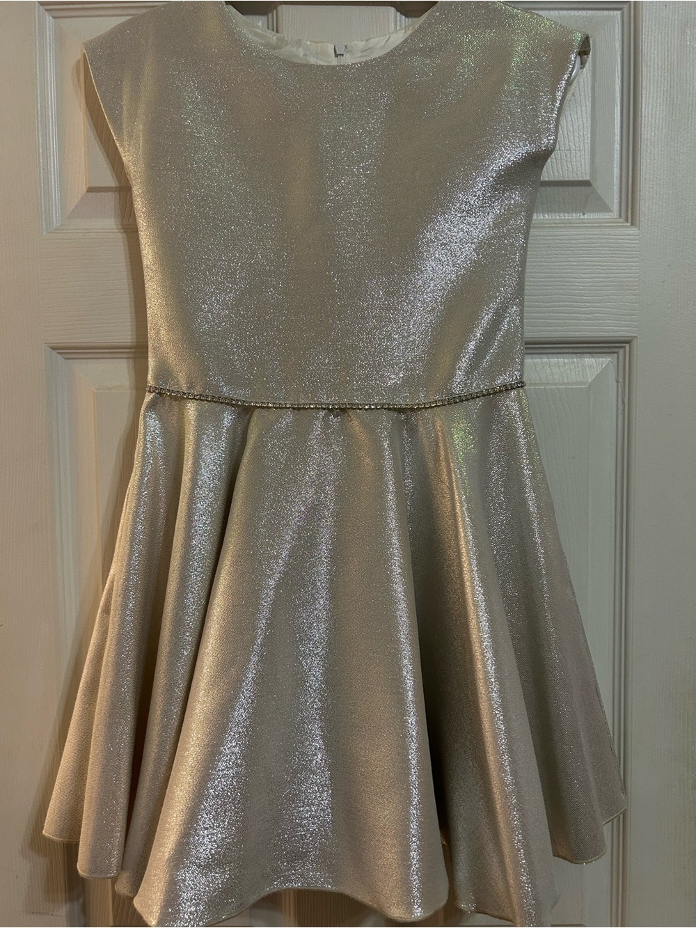 Dolls and Divas Couture Party Dress Cap Sleeve Silver Metallic Rhinestone Belt
